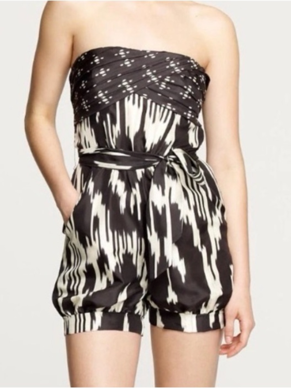 J. Crew Black and Cream Strapless Printed Romper